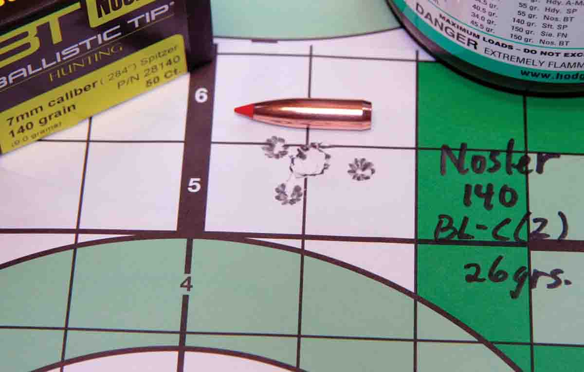 Nosler’s 140-grain Ballistic Tip Hunting bullet would prove a serious deer option from the 7mm TCU. Twenty six grains of Hodgdon BL-C(2) pushed these bullets to 1,684 fps and produced this .69-inch group.
